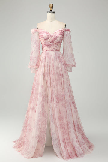Blush Flower A-Line Off The Shoulder Print Prom Dress med slids